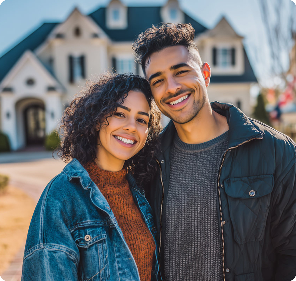 Happy couple in front of their home